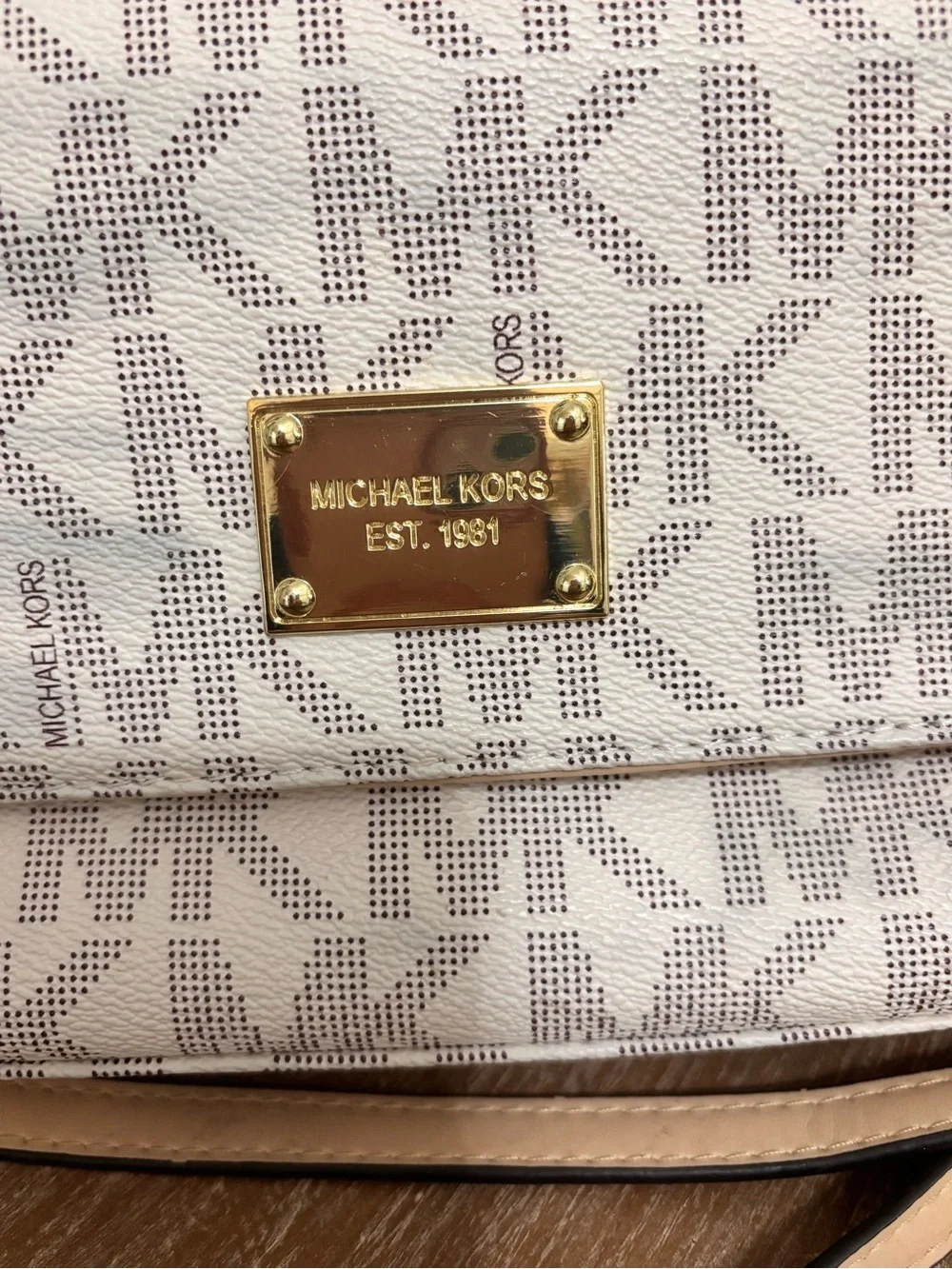 Michael Kors Beige and Gold MK Monogram Chain Crossbody